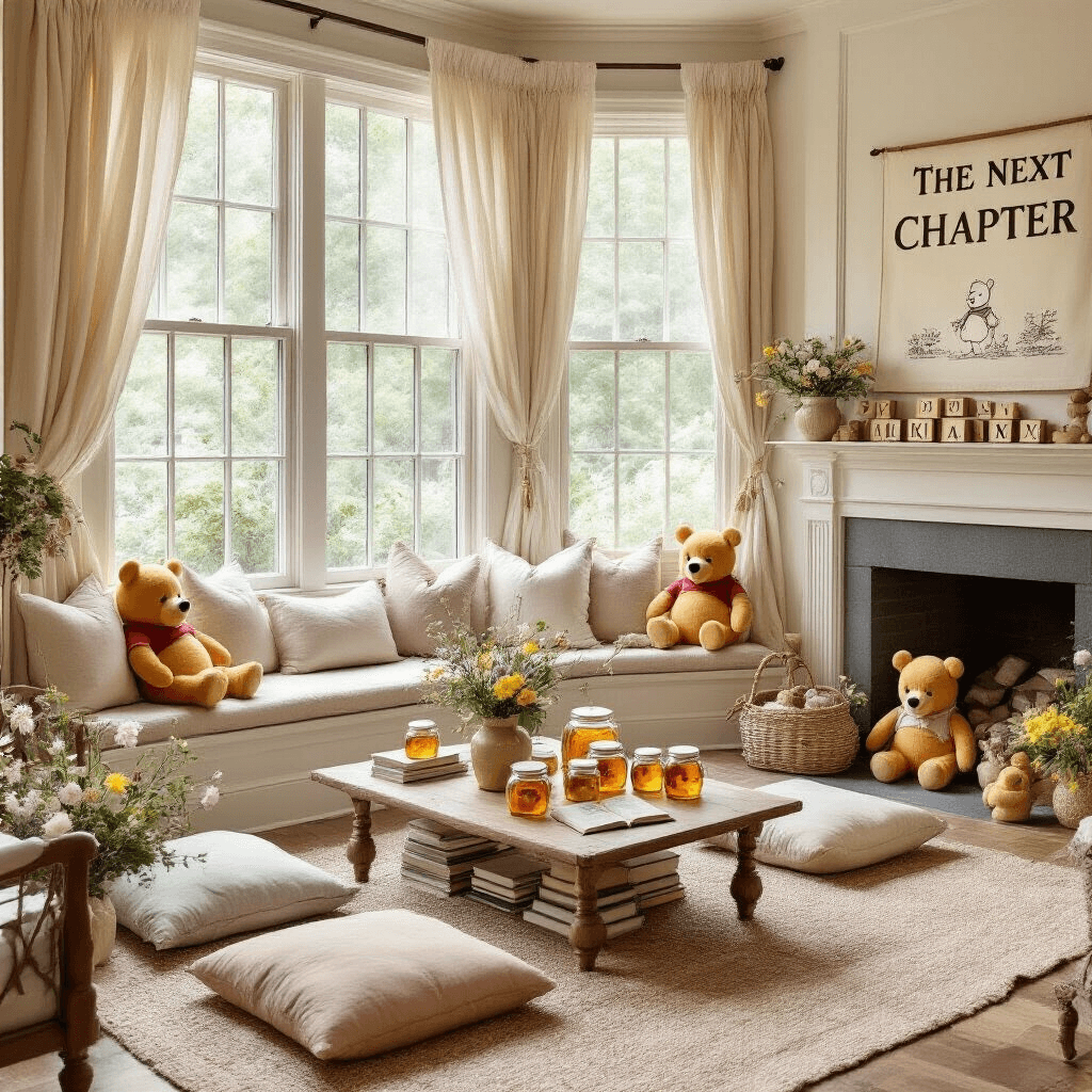 Winnie the Pooh Gender Reveal: A Magical Celebration of New Life A cozy living room filled with soft morning light, featuring a bay window, plush floor cushions, and low coffee tables decorated with vintage storybooks and honey jars. A whimsical banner hangs above a fireplace filled with stuffed characters, and an oversized storybook prop awaits to reveal a baby's gender with an illustrated page.