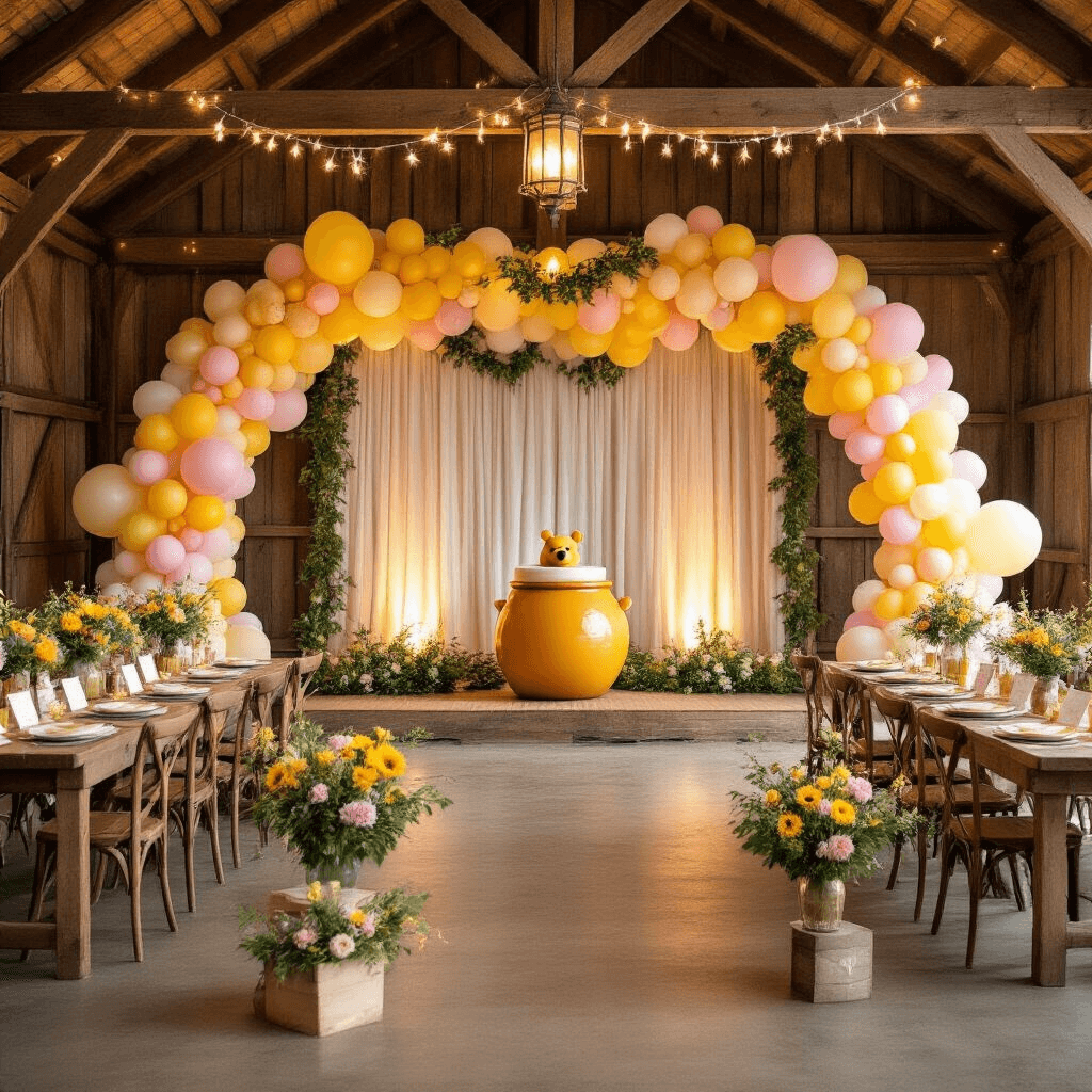 Winnie the Pooh Gender Reveal: A Magical Celebration of New Life A magical evening gender reveal party in a rustic barn, featuring fairy lights, leafy garlands, and long farmhouse tables with honey-gold linens and wildflower centerpieces. A grand ombre balloon arch frames a stage with a giant honeypot, while pastel balloons float above and a dessert table displays a naked cake with a fondant beehive topper.