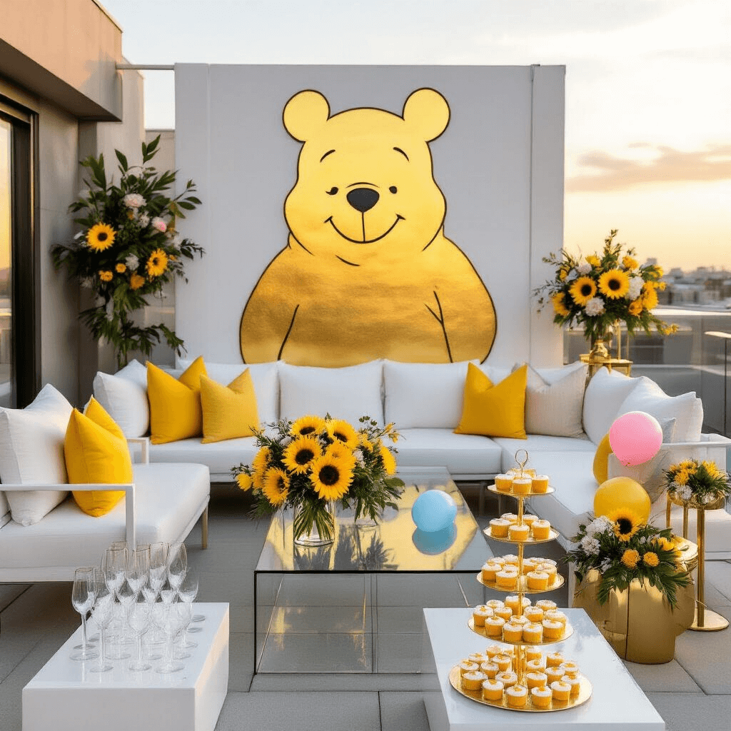 Winnie the Pooh Gender Reveal: A Magical Celebration of New Life A modern rooftop terrace featuring sleek white furniture with yellow accents, an oversized golden abstract mural of Winnie the Pooh, elegant floral arrangements, a clear acrylic box filled with helium balloons, a champagne tower, and a tiered cake with gold honeycomb patterns, all set during golden hour.