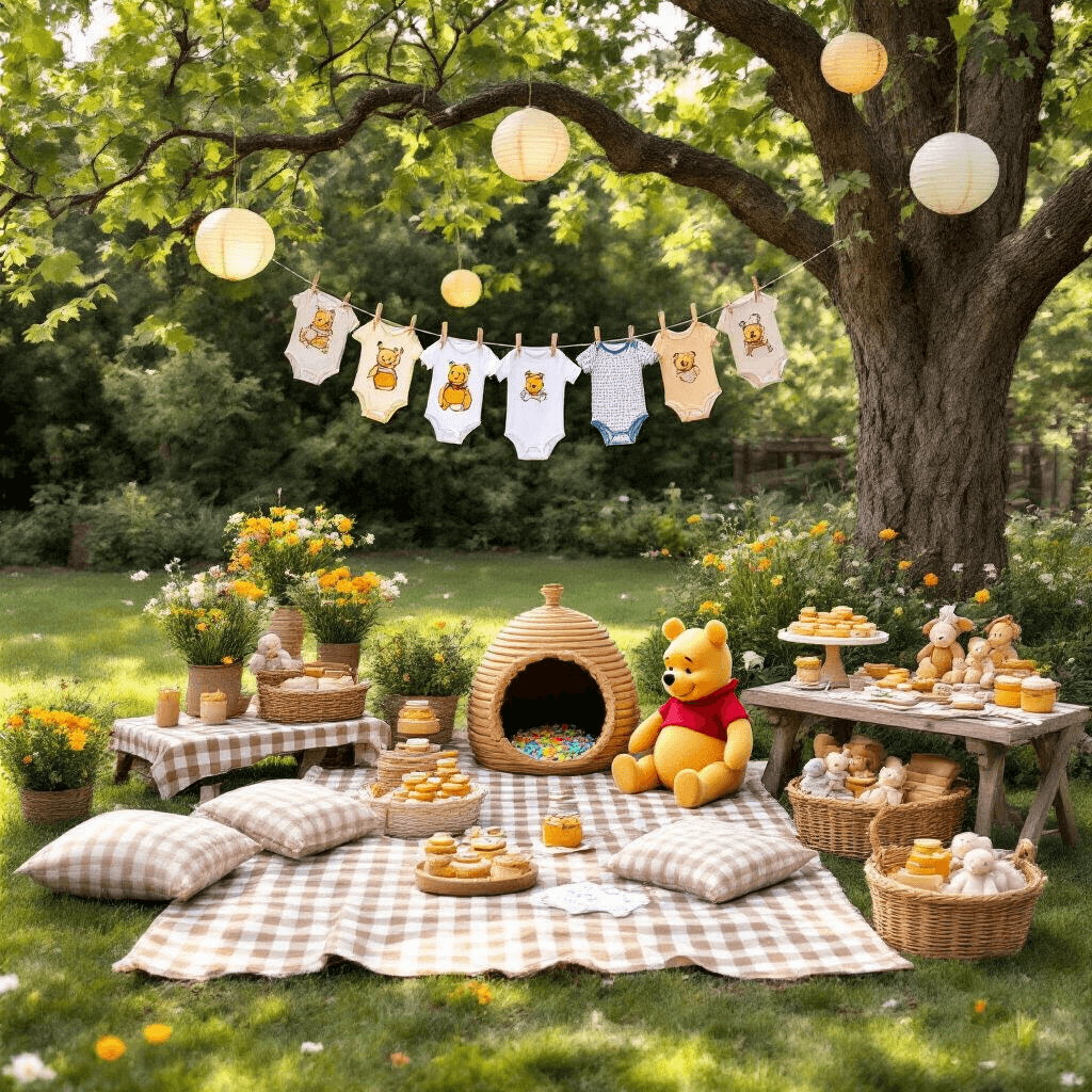 Winnie the Pooh Gender Reveal: A Magical Celebration of New Life A whimsical gender reveal picnic inspired by Winnie the Pooh, featuring checkered blankets, low tables, potted wildflowers, and paper lanterns in a sunlit backyard. A clothesline displays vintage illustrations and neutral-toned onesies, while a craft paper tree holds confetti. Wicker baskets filled with bread, honey jars, and plush toys are present, alongside a rustic dessert table with honey-themed treats and a beehive cake, all framed by soft pastel balloons and white picket fences.