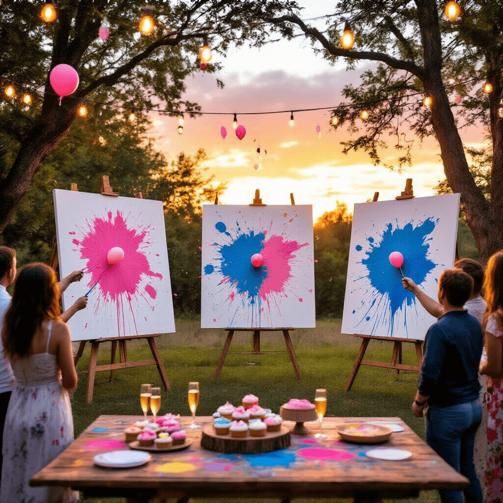15 Epic Gender Reveal Ideas That Will Blow Your Mind A golden hour gender reveal party features guests ready to pop paint-filled balloons at white canvases, creating a vibrant splatter art scene. Fairy lights illuminate the outdoor setting, while a table of paint-splattered cupcakes and champagne flutes adds to the festive atmosphere.