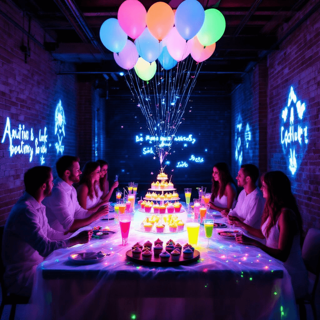 15 Epic Gender Reveal Ideas That Will Blow Your Mind An overhead view of a glow-in-the-dark gender reveal party in a modern loft, showcasing illuminated messages on exposed brick walls, guests in white with glowing accessories, a central table with glow-stick cocktails and neon cupcakes, and hovering glowing balloons ready to release confetti.