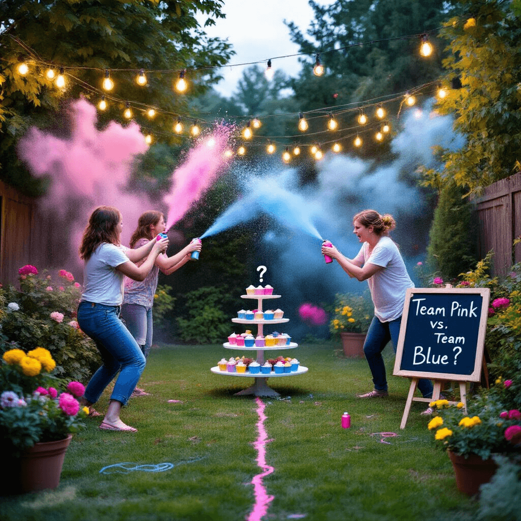 15 Epic Gender Reveal Ideas That Will Blow Your Mind A whimsical gender reveal paint and silly string battle in a lush backyard garden at twilight, with teams facing off along a chalk line, colorful sprays flying, string lights overhead, a cake stand with question mark cupcakes, and a chalkboard scoreboard for Team Pink vs. Team Blue amidst vibrant flowers.