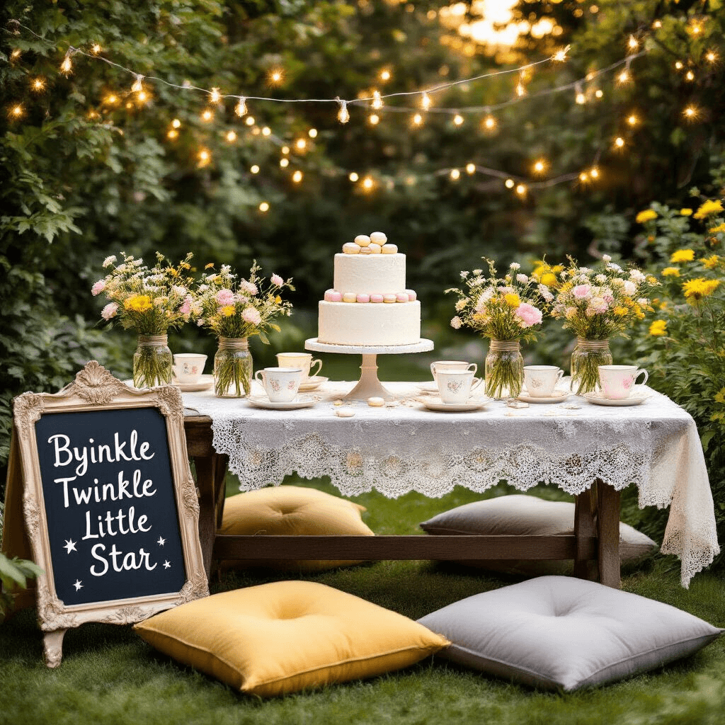 Ultimate Gender Reveal Party Guide: From Styling to Spectacular Reveals A golden hour garden scene featuring a rustic wooden table with a lace tablecloth, wildflower centerpieces in mason jars, vintage teacups with pastel macarons, and soft fairy lights. In the foreground, a two-tiered white cake with 'Twinkle Twinkle Little Star' in silver icing sits on an ornate stand, while plush floor cushions in muted yellows and grays surround the table. A chalkboard easel displays 'Boy or Girl?' in whimsical calligraphy.