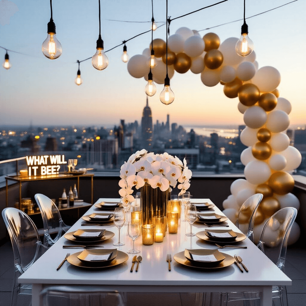 Ultimate Gender Reveal Party Guide: From Styling to Spectacular Reveals An intimate rooftop terrace at dusk featuring modern ghost chairs and a sleek white table set with geometric gold plates and black cutlery, adorned with a tall vase of white orchids. Warm light from hanging Edison bulbs and flickering candles create a cozy atmosphere, complemented by a balloon arch in cream and gold. A stylish bar cart with champagne flutes and a neon 'What Will It Bee?' sign completes the scene.