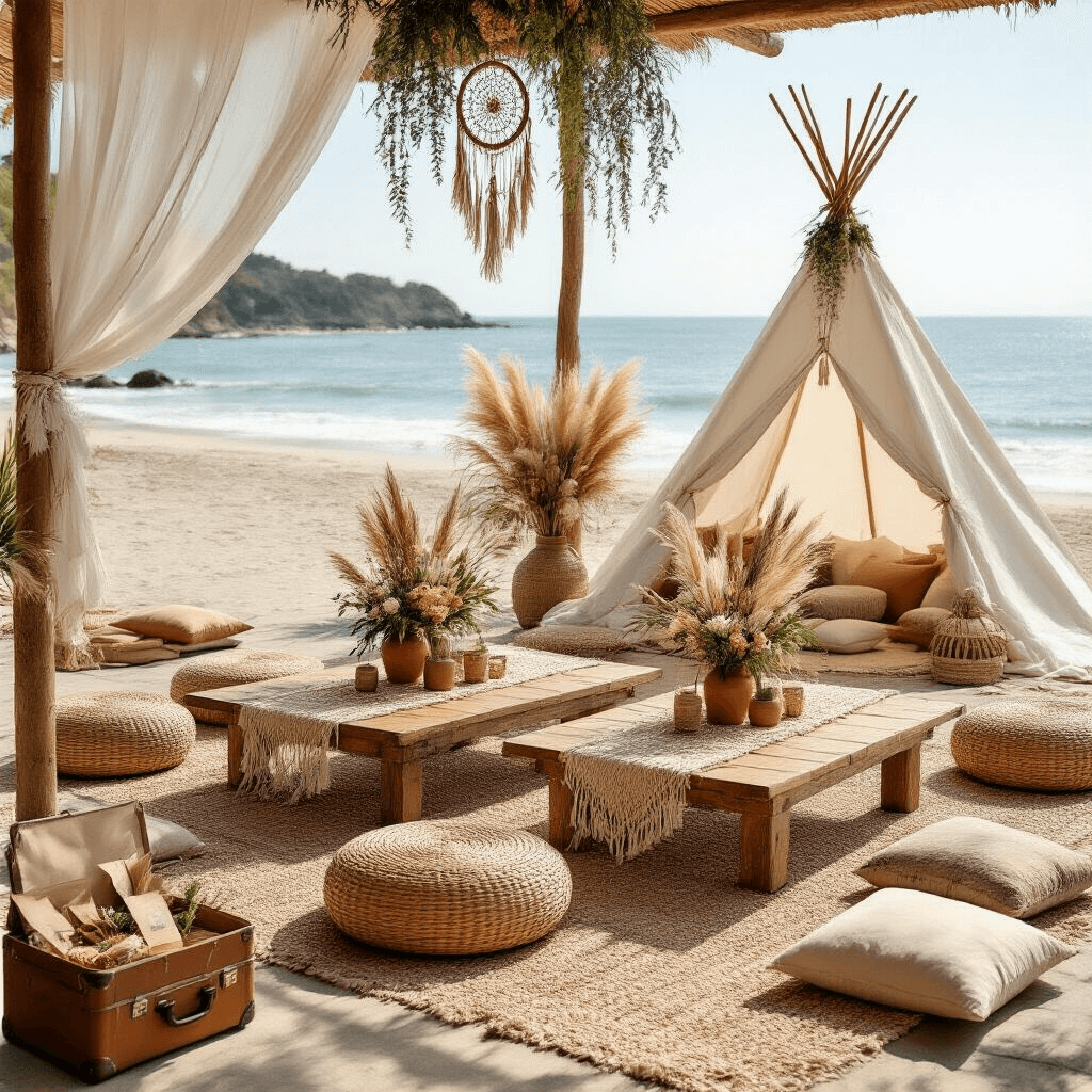 Ultimate Gender Reveal Party Guide: From Styling to Spectacular Reveals A sunlit beachfront decorated boho-chic style, featuring low wooden tables with macramé runners, woven rattan poufs, and centerpieces of pampas grass and proteas. A teepee tent draped in sheer fabric houses a cake, surrounded by floor pillows in earthy tones. Vintage suitcase in the foreground holds wrapped party favors.