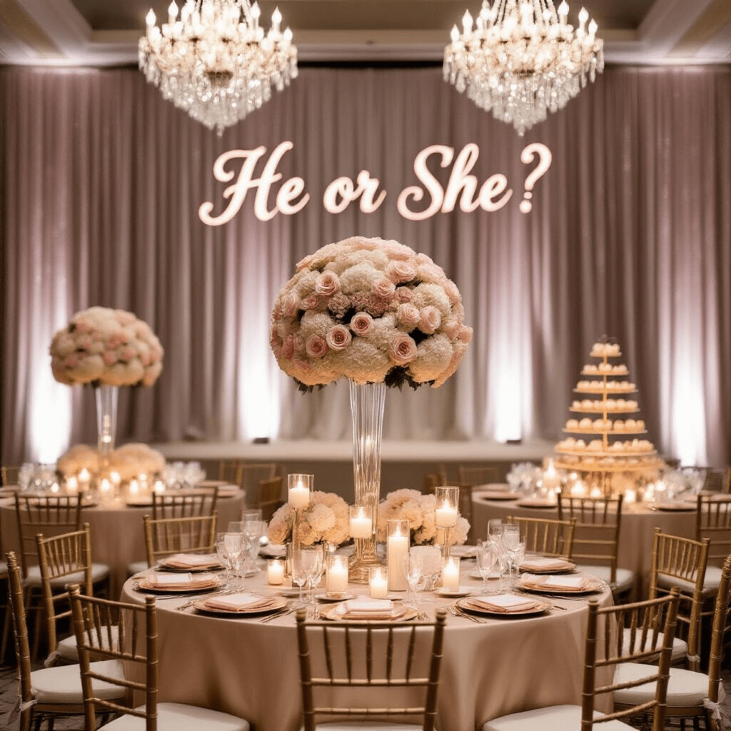 Ultimate Gender Reveal Party Guide: From Styling to Spectacular Reveals An elegant ballroom illuminated by soft candlelight, featuring champagne-colored silk-draped tables adorned with blush rose and white hydrangea centerpieces, gold Chiavari chairs, and crystal chandeliers. A shimmering sequin curtain backdrop displays a 'He or She?' sign in rose gold, while a dessert table filled with pastel treats complements the dreamy ambiance enhanced by floating candles in glass bowls.