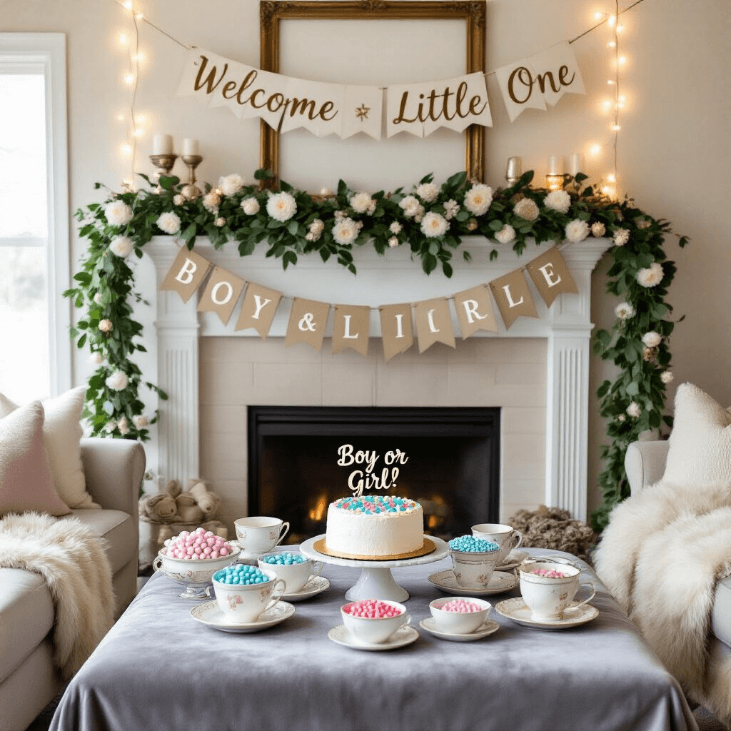 Ultimate Gender Reveal Party Guide: From Styling to Spectacular Reveals A cozy living room set for a gender reveal, featuring a greenery garland with white blooms and metallic baubles on the fireplace mantel, a 'Welcome Little One' banner above antique frames, a coffee table with a 'Boy or Girl?' cake and vintage teacups filled with pink and blue M&Ms, plush throw pillows, faux fur blankets, and warm string lights illuminating the space.