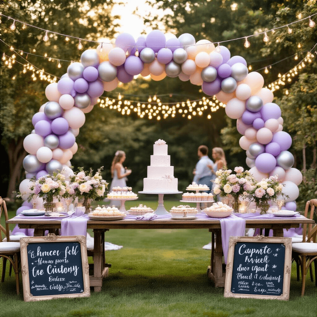 Gender Reveal Party Decorations: Creating the Perfect Celebratory Atmosphere A whimsical gender reveal backyard setup featuring a grand ombré balloon arch in lavender, silver, and ivory, rustic wooden tables with floral centerpieces, a dessert cart with pastel cupcakes, and a central reveal cake, all illuminated by twinkling fairy lights as guests mingle in the foreground.
