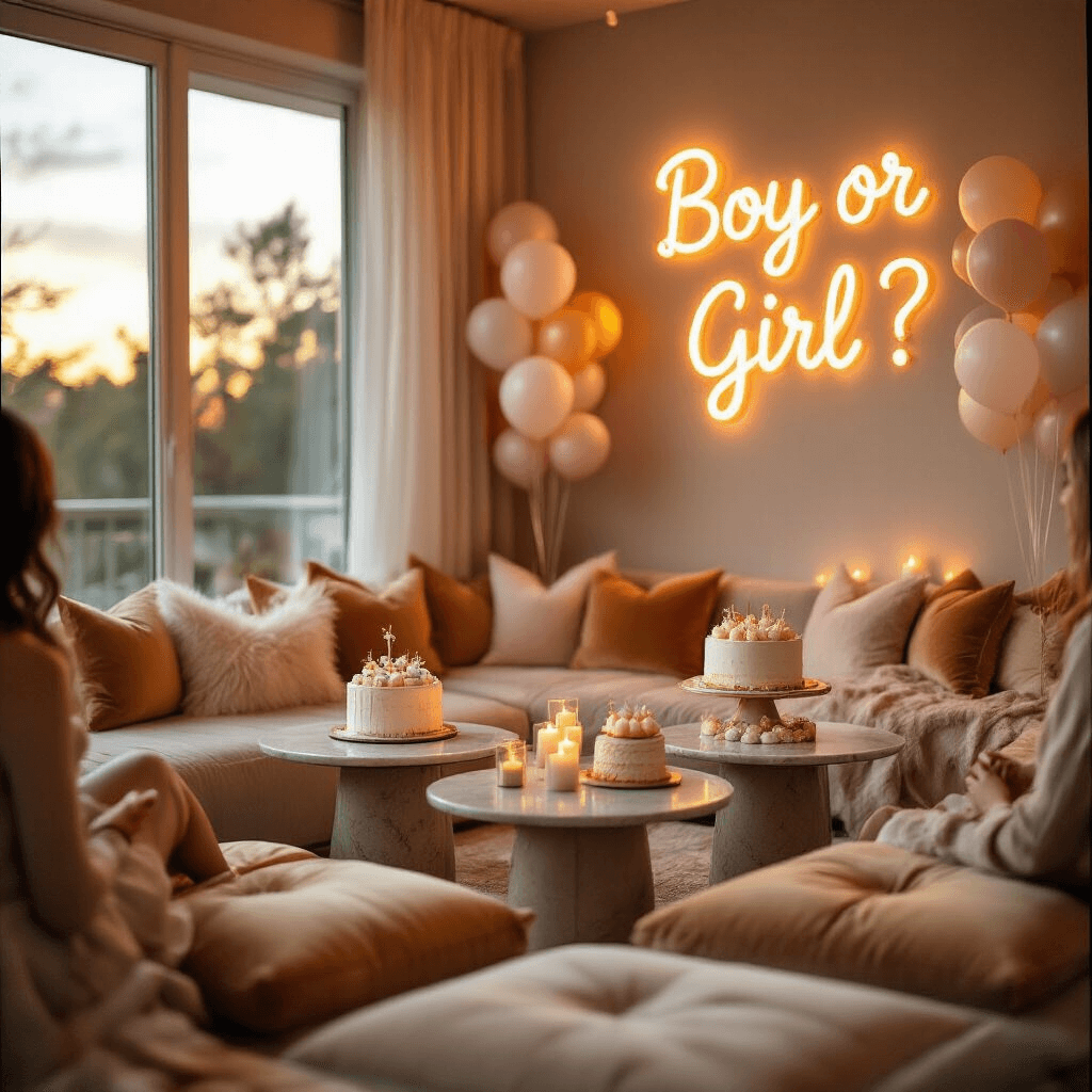 Gender Reveal Party Decorations: Creating the Perfect Celebratory Atmosphere Intimate living room gender reveal party featuring a close-up of a beautifully decorated cake, surrounded by plush floor cushions and warm candlelight, with guests blurred in anticipation in the background.