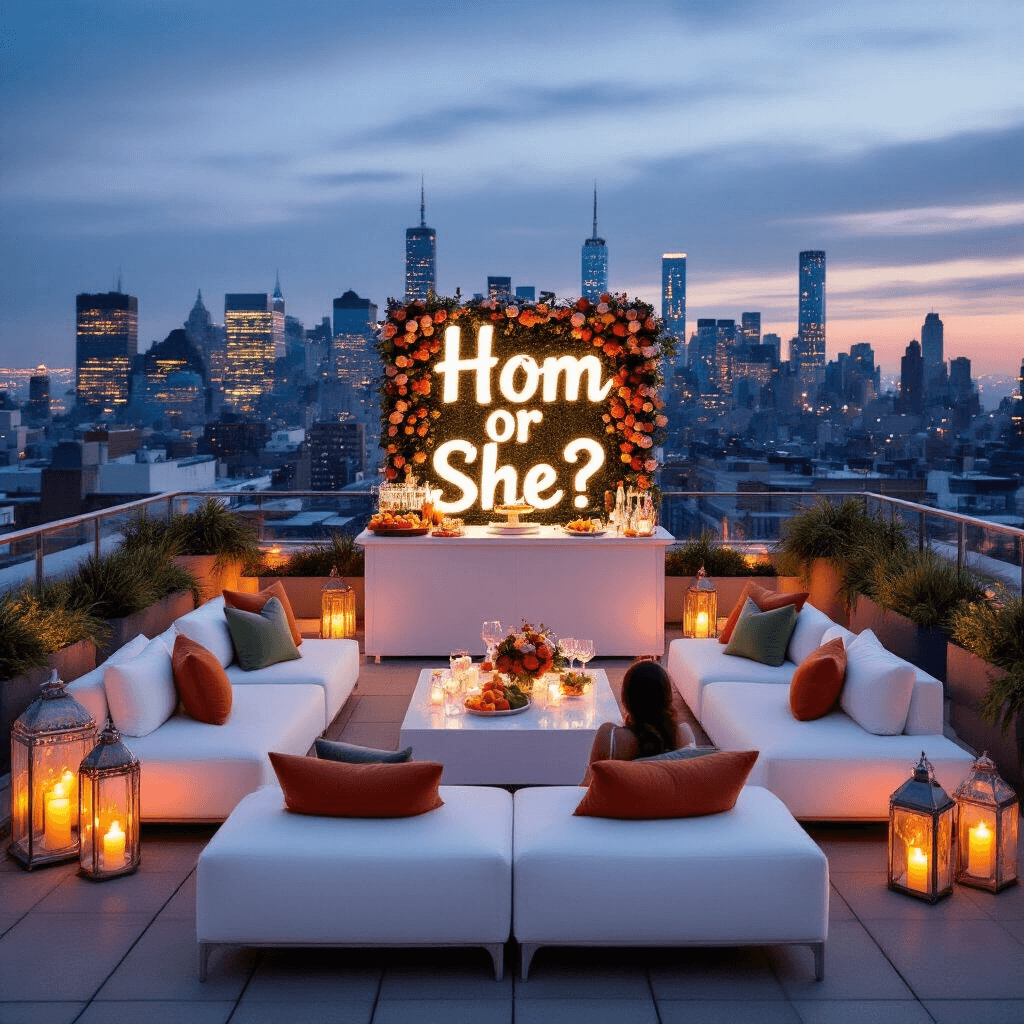 Gender Reveal Party Decorations: Creating the Perfect Celebratory Atmosphere A chic rooftop terrace gender reveal party at twilight, featuring modern lounge furniture with terracotta and sage pillows, an elaborate 'mom-osa' bar, atmospheric lanterns, and a 3D floral backdrop spelling out 'He or She?'. Guests gather for the reveal moment, with a glittering city skyline in the background.