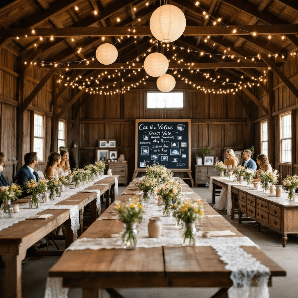 Gender Reveal Party Decorations: Creating the Perfect Celebratory Atmosphere A rustic barn interior elegantly decorated for a gender reveal, featuring long wooden tables with lace runners, mason jar wildflower centerpieces, and string lights overhead. A chalkboard sign invites guests to vote, while a vintage dresser displays ultrasound photos. The couple opens a reveal box surrounded by loved ones in a warm, atmospheric setting.