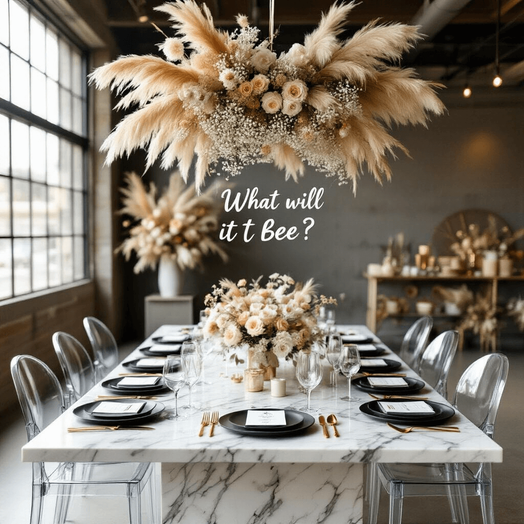Gender Reveal Party Decorations: Creating the Perfect Celebratory Atmosphere A beautifully styled overhead shot of a modern loft space featuring a minimalist gender reveal brunch setup with a marble table set with matte black plates, gold cutlery, and glassware, surrounded by ghost chairs. A dramatic floral installation hangs above, composed of pampas grass and baby's breath, with a custom acrylic sign reading 'What Will It Bee?' among themed party favors and personalized place cards.
