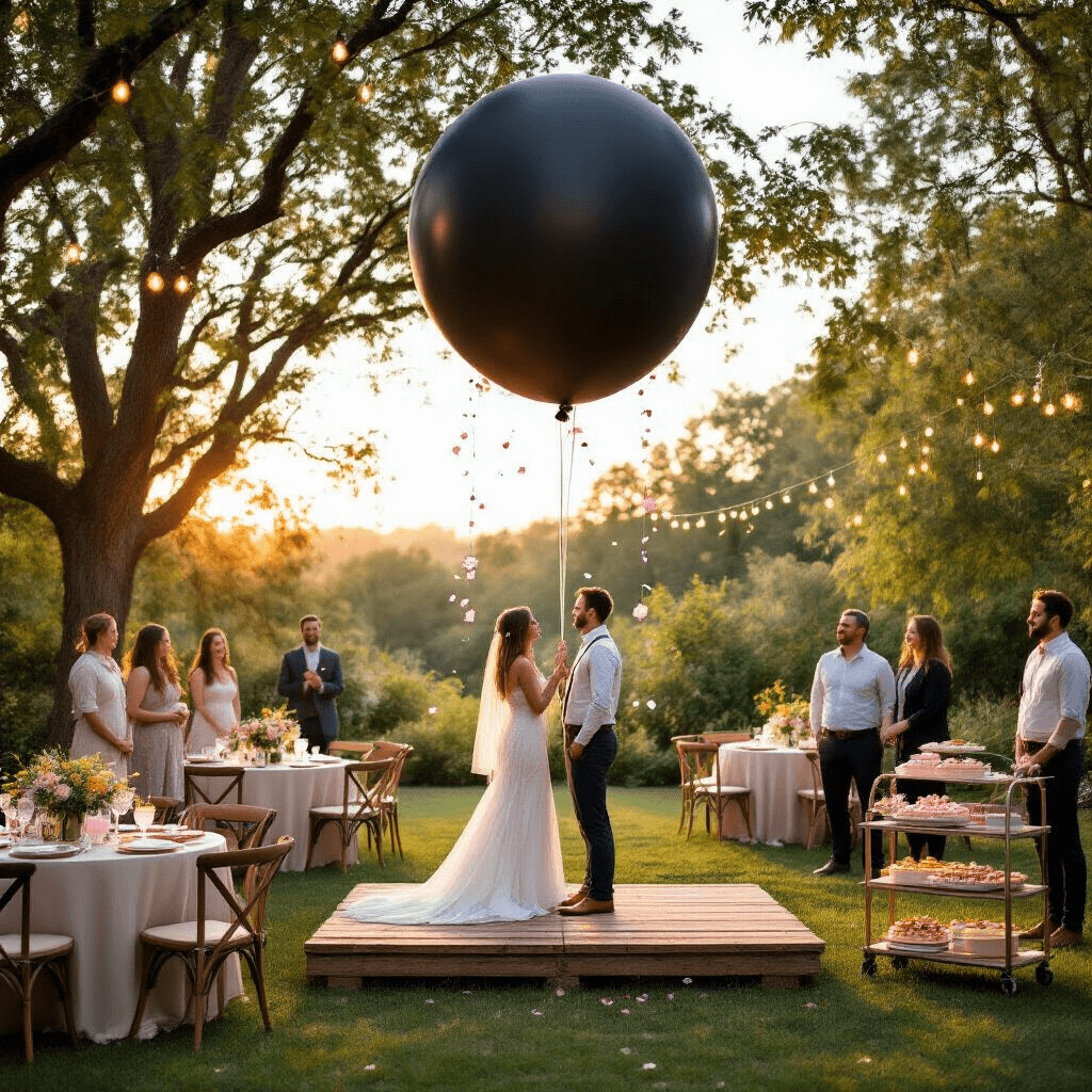 Unforgettable Gender Reveal Ideas: Creative Ways to Share Your Baby's Big Secret A golden hour backyard scene filled with anticipation, featuring a couple on a rustic wooden platform surrounded by friends and family, preparing to pull a cord on a massive black balloon overhead. Soft fairy lights hang between trees, and round tables with neutral linens and wildflower centerpieces are scattered across the lawn. A dessert cart with gender-themed treats is nearby, as everyone eagerly awaits the balloon's burst, ready to release pink or blue confetti.