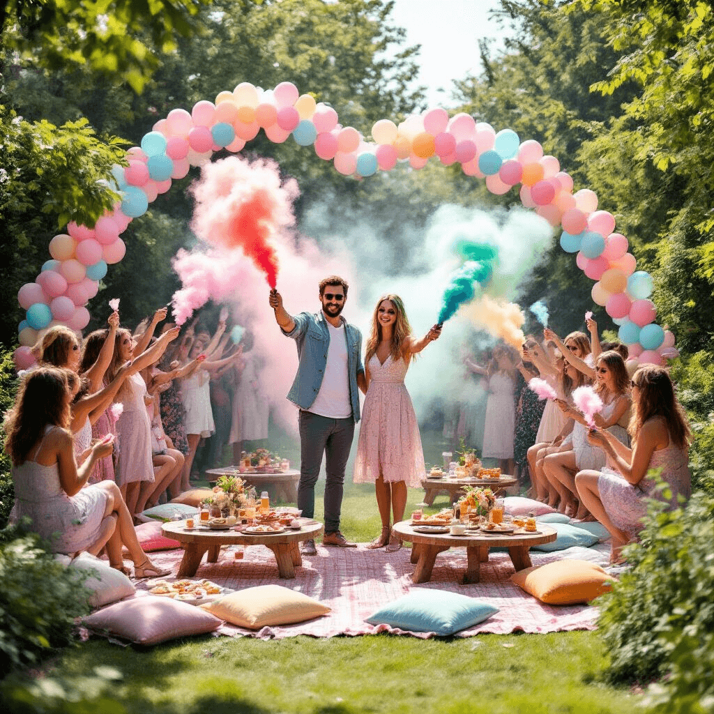 Unforgettable Gender Reveal Ideas: Creative Ways to Share Your Baby's Big Secret A couple in a lush garden surrounded by excited guests, all holding smoke bombs; the scene is filled with a colorful haze, picnic blankets with food, and balloon garlands overhead.