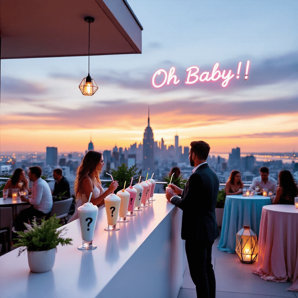 Unforgettable Gender Reveal Ideas: Creative Ways to Share Your Baby's Big Secret A modern rooftop terrace at sunset features a sleek white bar with identical covered milkshakes topped with question marks, as a couple approaches to sip from straws. Guests mingle at high cocktail tables with ombre linens, and a neon sign reading 'Oh Baby!' casts a cool glow amidst potted greenery and geometric lanterns, creating an urban chic, whimsical atmosphere with a stunning city skyline backdrop.
