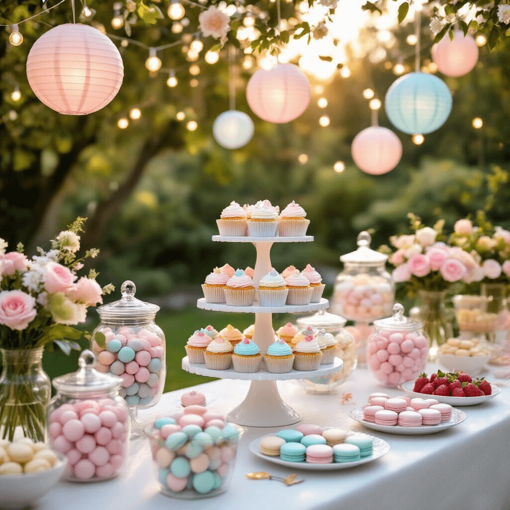 Delicious and Adorable Gender Reveal Party Food Ideas That Will Wow Your Guests A beautifully decorated garden party dessert table featuring a tiered white cake stand with pastel pink and blue cupcakes, surrounded by glass jars of candies, macarons, and chocolate-covered strawberries, with floral arrangements in soft hues and a backdrop of fairy lights and paper lanterns.