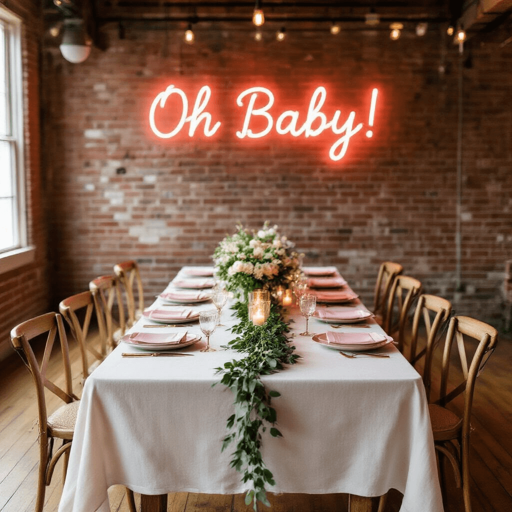 Delicious and Adorable Gender Reveal Party Food Ideas That Will Wow Your Guests An intimate indoor gathering space featuring exposed brick walls, warm wooden floors, and a long farmhouse table draped in a white linen tablecloth. The table is set with alternating soft pink and powder blue place settings with gold-rimmed plates. A lush greenery runner with baby's breath and glass votives holding candles decorates the center. Above, a neon sign reading 'Oh Baby!' casts a rosy glow.