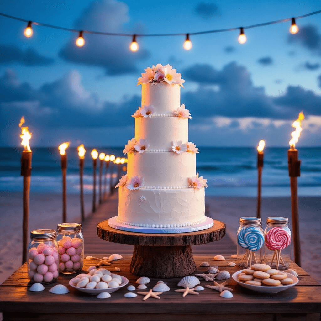 Delicious and Adorable Gender Reveal Party Food Ideas That Will Wow Your Guests A twilight beachfront celebration with tiki torches along a wooden boardwalk, a stunning white fondant cake adorned with sugar flowers on a rustic stand, surrounded by seashells and starfish, and a dessert bar with mason jars of beach-themed treats, all illuminated by soft string lights against a deepening blue sky.