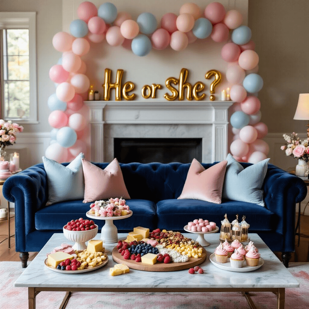 Delicious and Adorable Gender Reveal Party Food Ideas That Will Wow Your Guests A cozy living room designed for an intimate reveal party, featuring a deep navy velvet sofa with blush and powder blue throw pillows, a marble coffee table with a grazing board of pink and blue foods, and balloon garlands above a fireplace mantel spelling 'He or She?' in gold letters, illuminated by soft lamplight and candles.