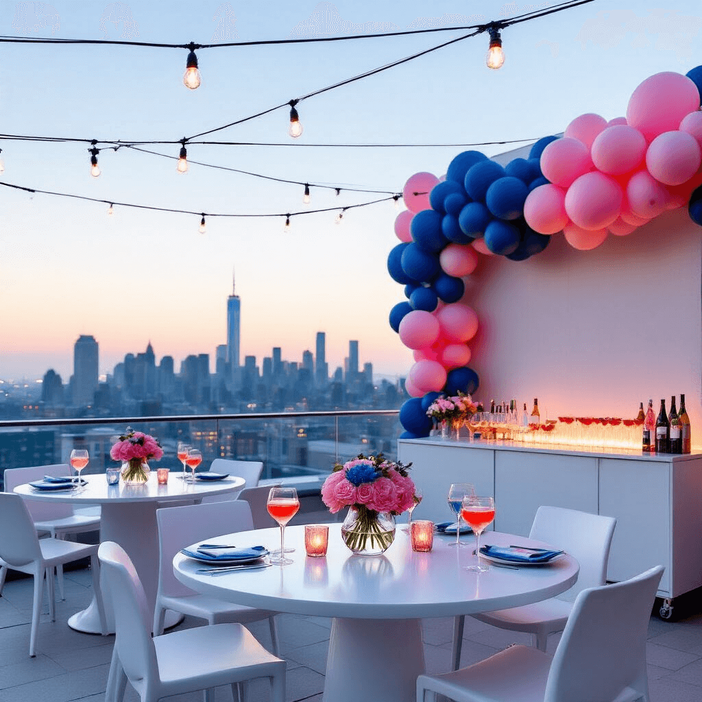 Delicious and Adorable Gender Reveal Party Food Ideas That Will Wow Your Guests A modern rooftop terrace at dusk, featuring sleek white high-top tables with minimalist floral centerpieces, a statement wall with an ombré balloon installation, and a stylish bar cart displaying pink and blue cocktails, illuminated by string lights and city skyline views.