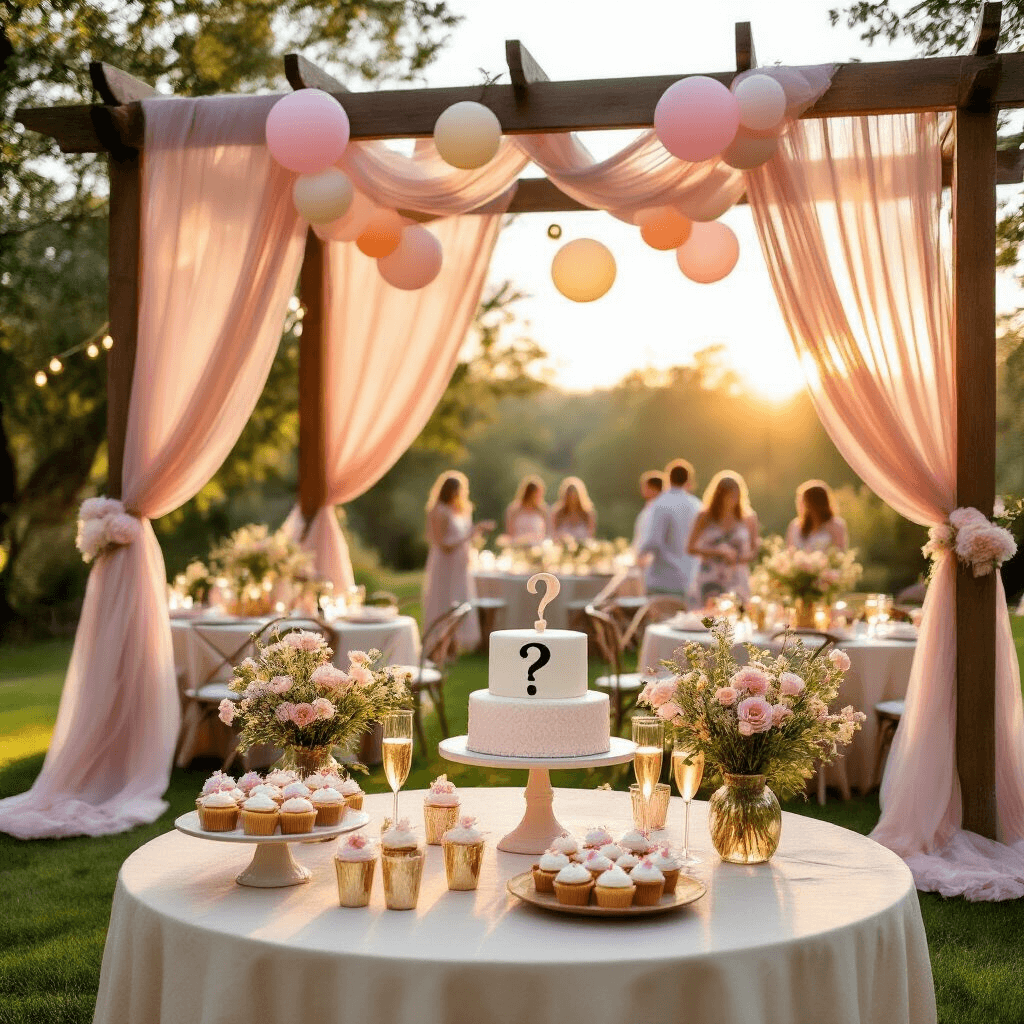 Gender Reveal Party Gifts: A Comprehensive Guide for Thoughtful Guests A sunset backyard gender reveal party with a rustic pergola draped in blush pink and cream fabrics, decorated round tables with pastel balloons and wildflowers, a dessert cart with cupcakes and a '?', guests enjoying champagne flutes, and warm string lights illuminating the scene.