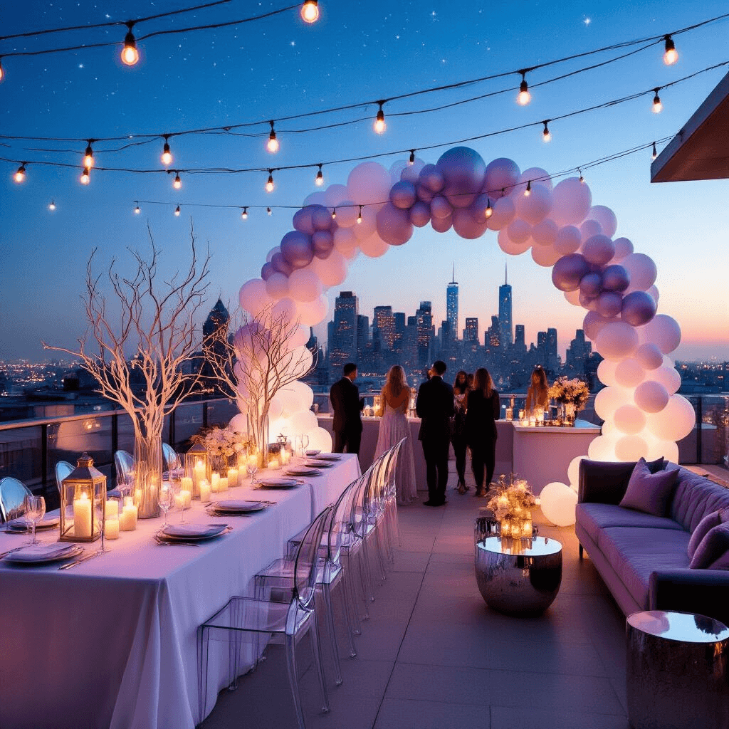 Gender Reveal Party Gifts: A Comprehensive Guide for Thoughtful Guests A chic rooftop terrace gender reveal party under a starlit sky, adorned with fairy lights and candles. Long tables with white linens hold sculptural centerpieces and oversized white balloons. Lucite ghost chairs provide elegance, while a bar cart serves signature pink and blue cocktails. An ombré balloon arch in lavender and silver frames the city skyline, and guests enjoy a lounge area with velvet sofas and mirrored side tables.