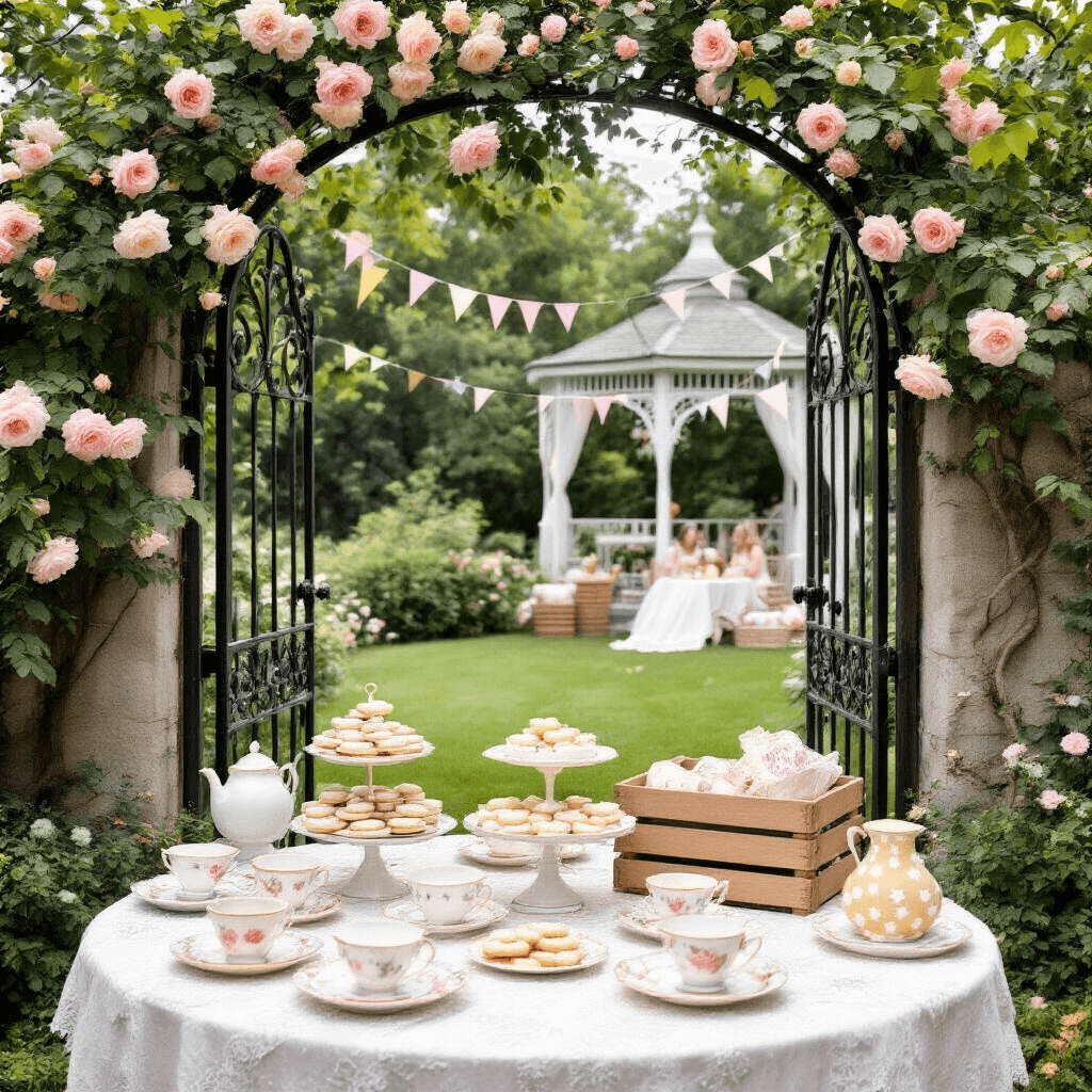 Gender Reveal Party Gifts: A Comprehensive Guide for Thoughtful Guests A whimsical garden party for a gender reveal, featuring an antique wrought-iron gate entwined with roses, tables set with mismatched vintage china, a dessert station with constellation cookies and a crescent moon cake, wooden crates with soft blankets, and a gazebo adorned with oversized paper flowers and pastel streamers.