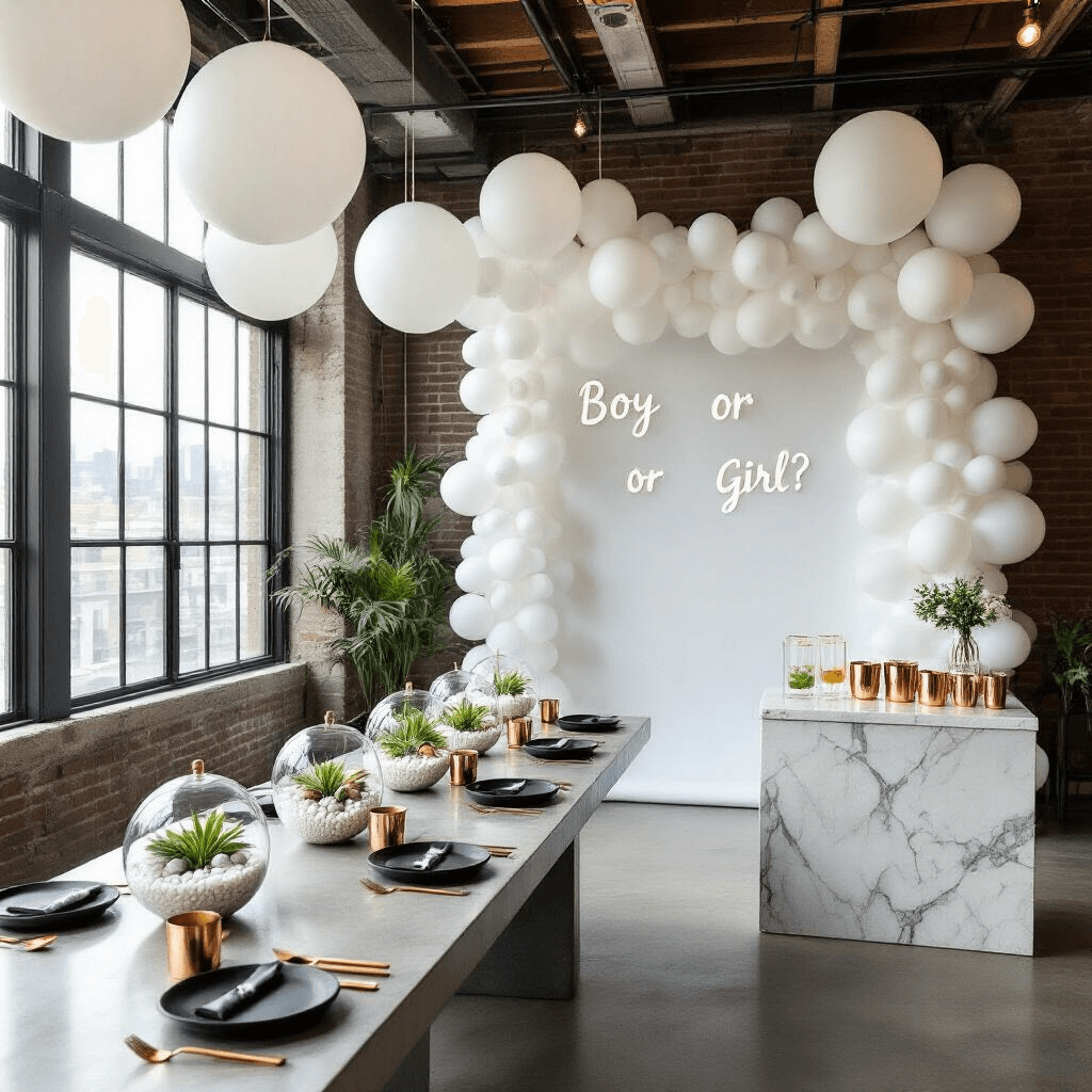 Gender Reveal Party Gifts: A Comprehensive Guide for Thoughtful Guests A modern gender reveal setup in a sleek urban loft featuring a long concrete table with matte black dishes, gold cutlery, and geometric terrariums, surrounded by floor-to-ceiling windows, a white balloon backdrop, floating signs, and a marble cart with artisanal mocktails in copper mugs.