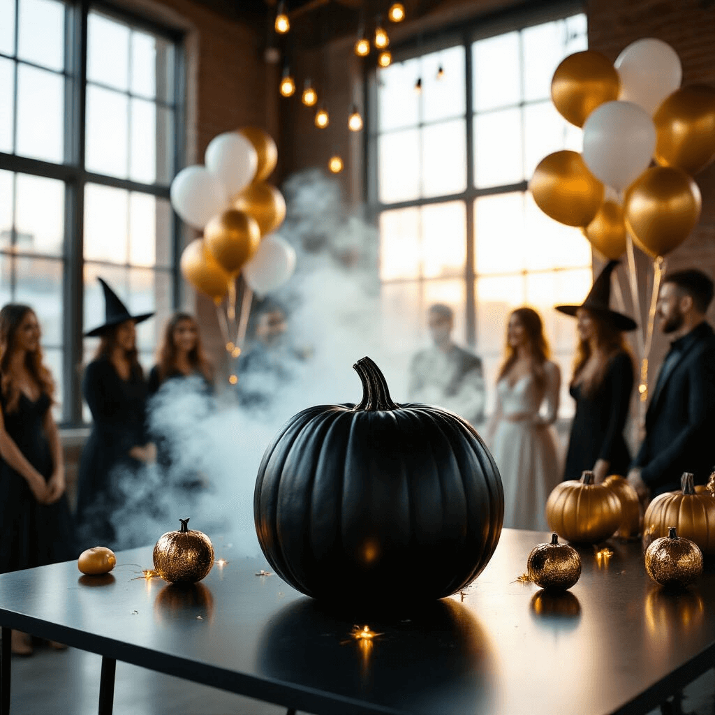 A Spellbinding Halloween Gender Reveal: Your Ultimate Guide to a Magical Baby Announcement A modern loft space at golden hour features a stylish Halloween gender reveal, with a sleek black table holding an oversized matte black pumpkin surrounded by metallic gold and white balloons. Guests in chic witch and warlock attire gather, while hints of soft blue and pink are visible in the decor. Amber-hued fairy lights provide a warm glow, with a close-up on the pumpkin just before it opens to reveal colored smoke.