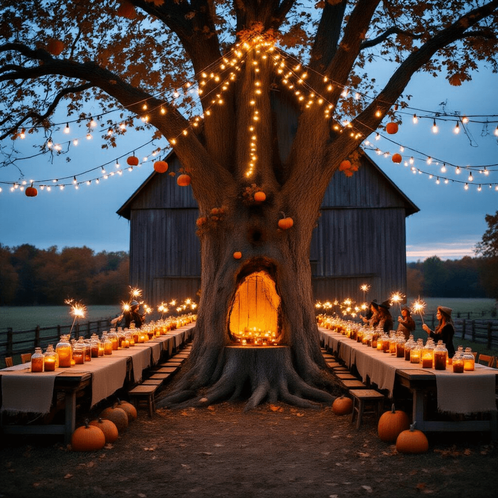 A Spellbinding Halloween Gender Reveal: Your Ultimate Guide to a Magical Baby Announcement A rustic barn at twilight adorned with twinkling lights and long farmhouse tables featuring apothecary jars of colorful liquids, with a hollowed tree stump as a focal point, surrounded by floating pumpkins and autumn leaves; guests in whimsical costumes hold sparklers, all captured in moody lighting that enhances the magical atmosphere.