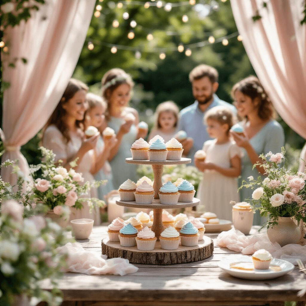 10 Simple Gender Reveal Ideas for an Unforgettable Moment A sunlit garden party with a rustic wooden table displaying pastel cupcakes, while guests celebrate a whimsical gender reveal, showing joy and surprise as they discover pink or blue centers. Soft tulle and floral arrangements adorn the scene, with twinkling fairy lights above.