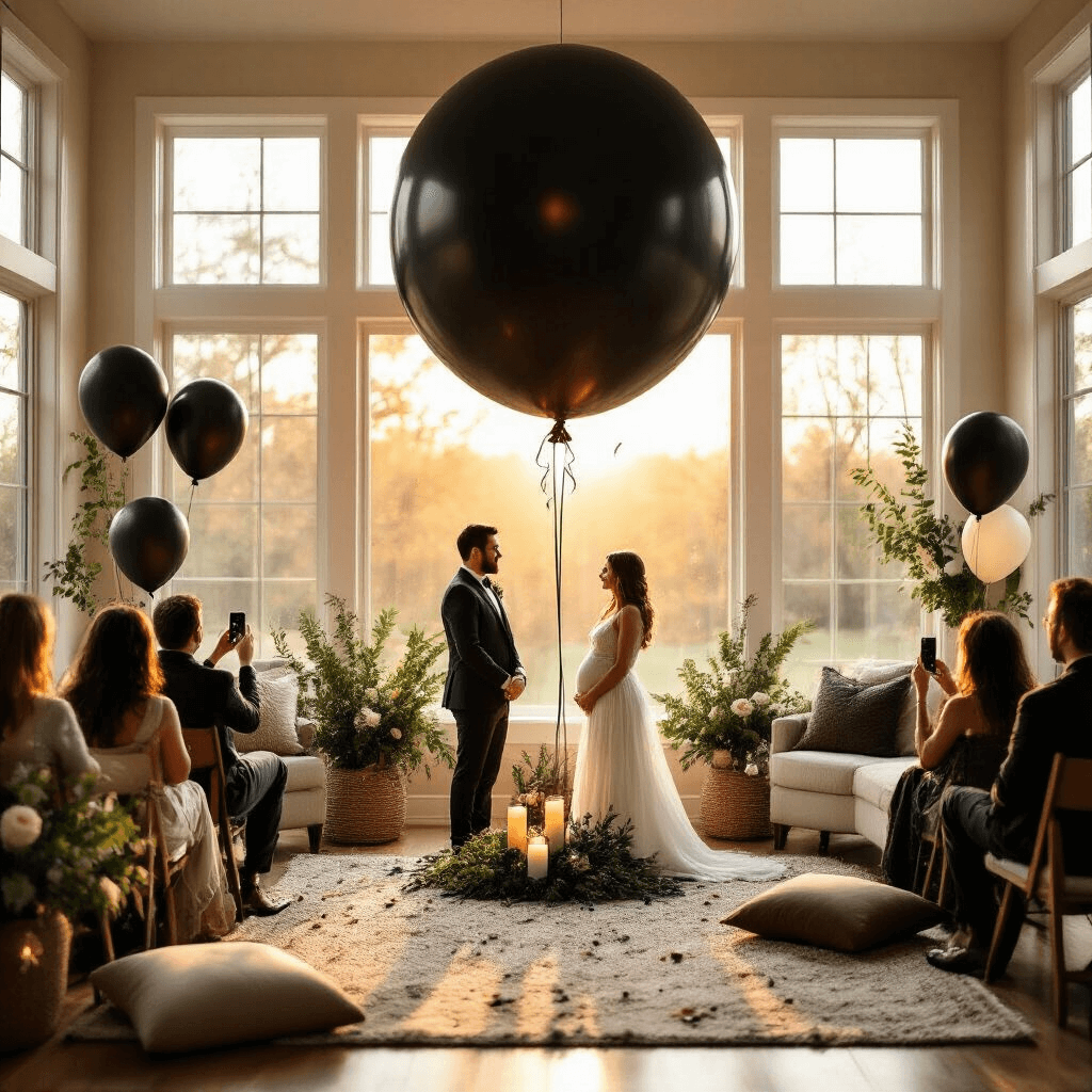 10 Simple Gender Reveal Ideas for an Unforgettable Moment An intimate living room filled with warm golden light, featuring a large black balloon suspended from the ceiling, surrounded by neutral-toned balloons and greenery. An expectant couple stands ready with a pin, while guests in a semicircle prepare to capture the moment. The cozy space includes plush throw pillows, a soft area rug, and groupings of candles, creating an exciting atmosphere for the upcoming confetti explosion.