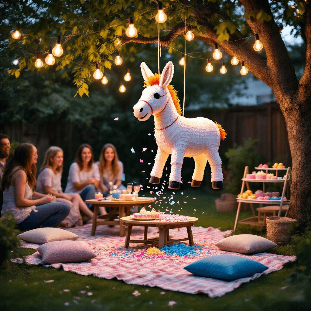 10 Simple Gender Reveal Ideas for an Unforgettable Moment A lively backyard scene at twilight features a donkey-shaped piñata hanging from a tree, surrounded by eager guests as a blindfolded parent-to-be prepares to strike. Nearby, picnic blankets, low tables, and cushions invite relaxation, while a dessert cart showcases pink and blue treats. The moment is captured as the piñata bursts open, releasing colorful confetti that reveals the baby's gender.