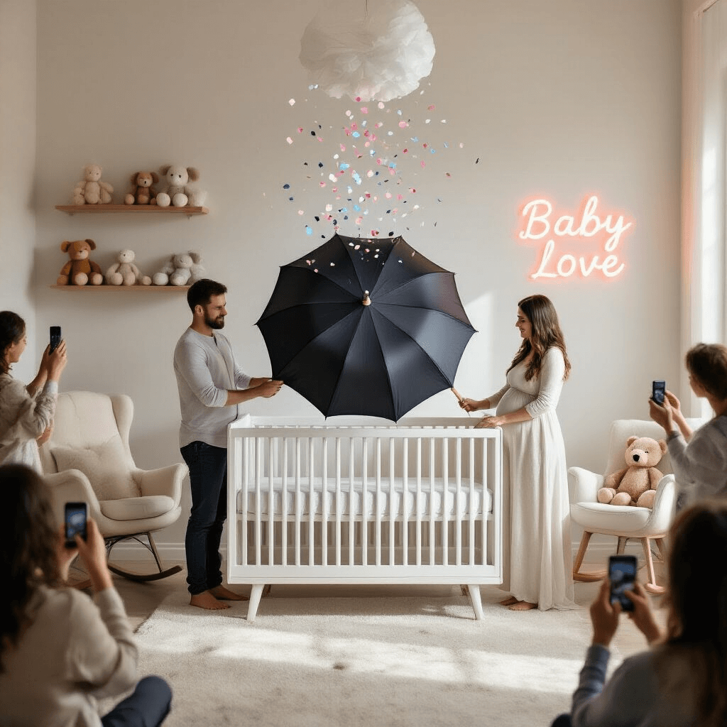 10 Simple Gender Reveal Ideas for an Unforgettable Moment A cozy, minimalist nursery bathed in morning light, featuring a white crib with an oversized black umbrella poised to open, surrounded by expectant parents and family, capturing the moment confetti showers down in pink or blue as the umbrella bursts open, with neutral decor and a glowing 'Baby Love' neon sign in the background.