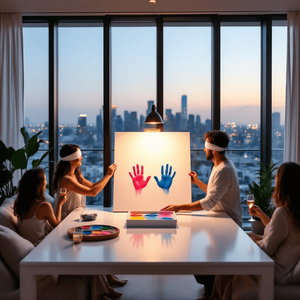10 Simple Gender Reveal Ideas for an Unforgettable Moment A blindfolded expectant mother, guided by her partner, dips her hands into paint as they create a gender reveal artwork on a sleek white table in a modern apartment with floor-to-ceiling windows overlooking a city skyline at dusk. Guests enjoy champagne from stylish seating, surrounded by soft drapery and potted plants. Handprints in pink or blue are beginning to appear on the canvas.