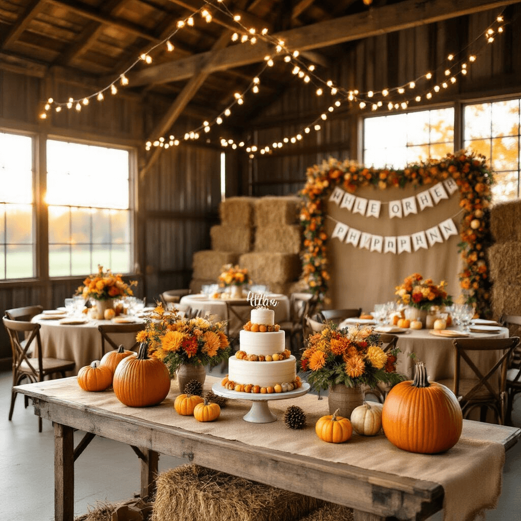 Fall Gender Reveal: The Ultimate Guide to Capturing Autumn's Most Magical Moment A beautifully decorated rustic barn interior for a fall gender reveal party, featuring round tables with burlap runners, hollowed pumpkins with flowers, and a 'He or She?' banner against hay bales; warm fairy lights illuminate the scene, and a vintage wooden cart showcases a tiered naked cake with a 'Little Pumpkin' topper.