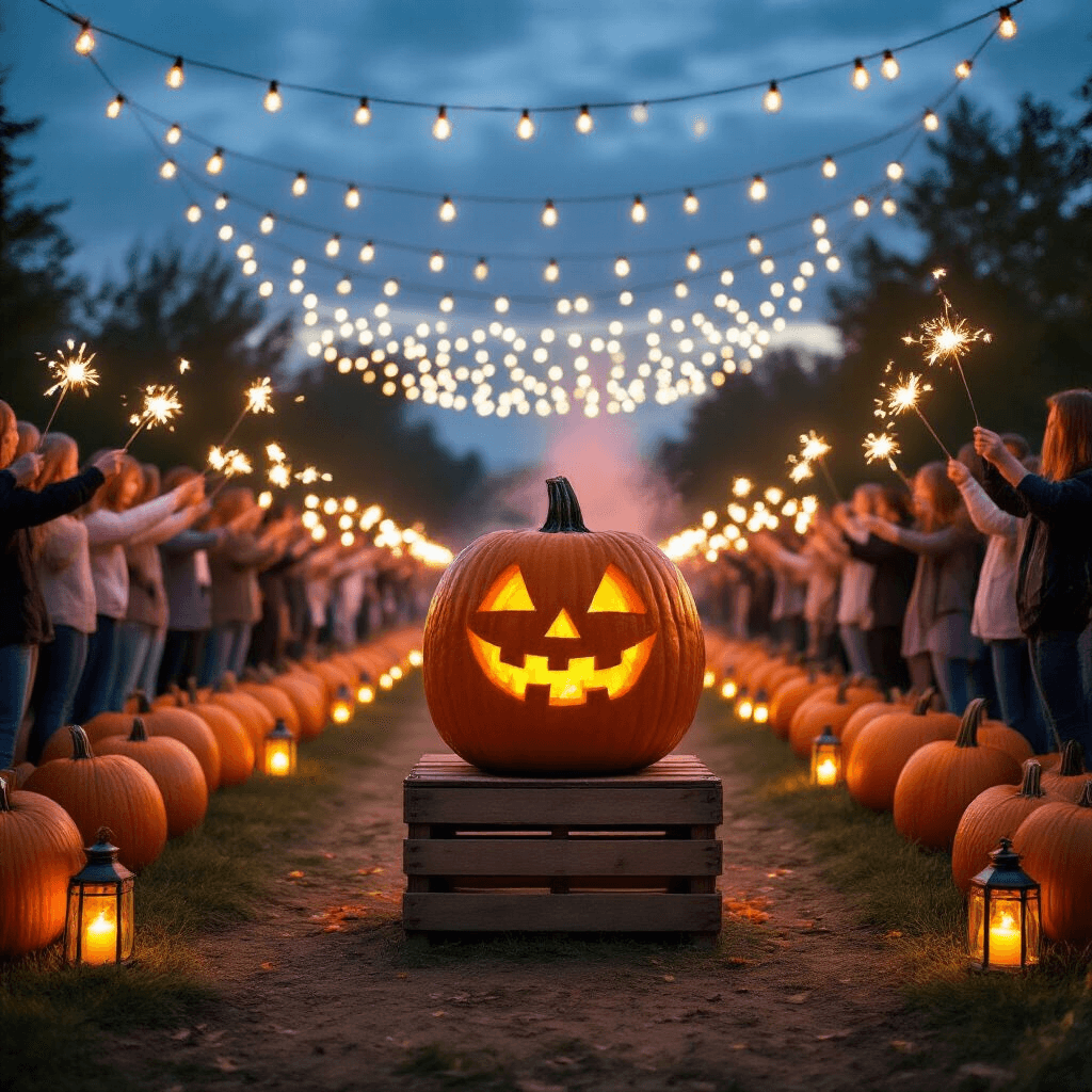 Fall Gender Reveal: The Ultimate Guide to Capturing Autumn's Most Magical Moment An enchanting twilight pumpkin patch filled with guests holding sparklers, leading to a large carved pumpkin on a crate, surrounded by lanterns and Edison bulbs, as soon-to-be parents prepare to reveal colored powder inside the pumpkin.