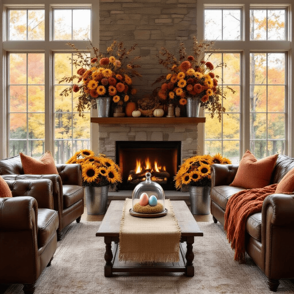 Fall Gender Reveal: The Ultimate Guide to Capturing Autumn's Most Magical Moment Cozy fall-themed living room for a gender reveal, featuring vibrant autumn foliage through large windows, a crackling fireplace, floral arrangements, comfortable seating with warm throws, and a coffee table centerpiece of a glass cloche with a pink and blue egg nest.