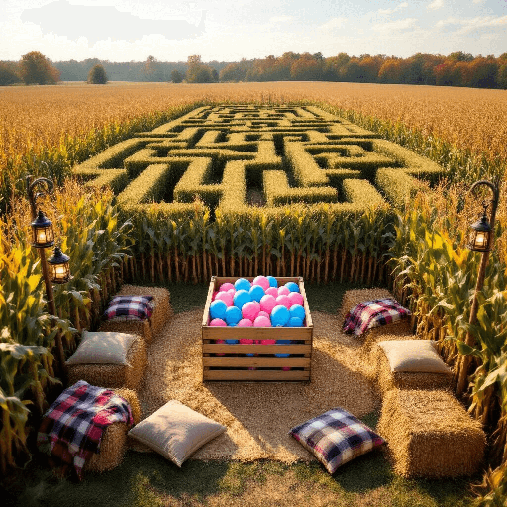 Fall Gender Reveal: The Ultimate Guide to Capturing Autumn's Most Magical Moment Aerial view of a colorful autumn cornfield maze shaped like a baby rattle, featuring a wooden crate with pink or blue balloons at the center, surrounded by rustic hay bale seating adorned with plaid blankets and burlap pillows, illuminated by vintage lanterns.