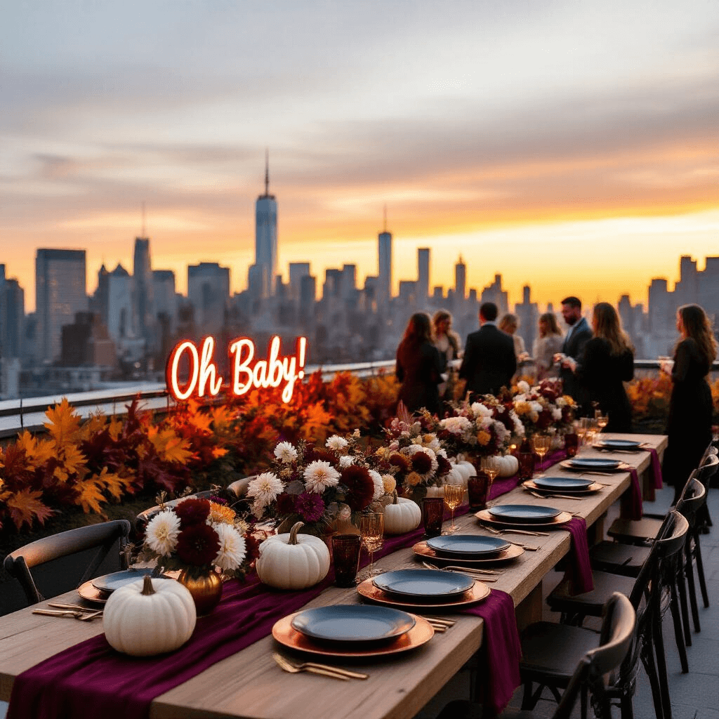 Fall Gender Reveal: The Ultimate Guide to Capturing Autumn's Most Magical Moment A chic rooftop terrace in NYC at golden hour, decorated for a fall gender reveal party with long farm tables, copper chargers, black plates, and gold cutlery. Centerpieces of white pumpkins and jewel-toned flowers adorn the tables, while a vibrant autumn leaves wall features a neon sign reading 'Oh Baby!'. Guests enjoy apple cider mocktails from a modern bar cart.
