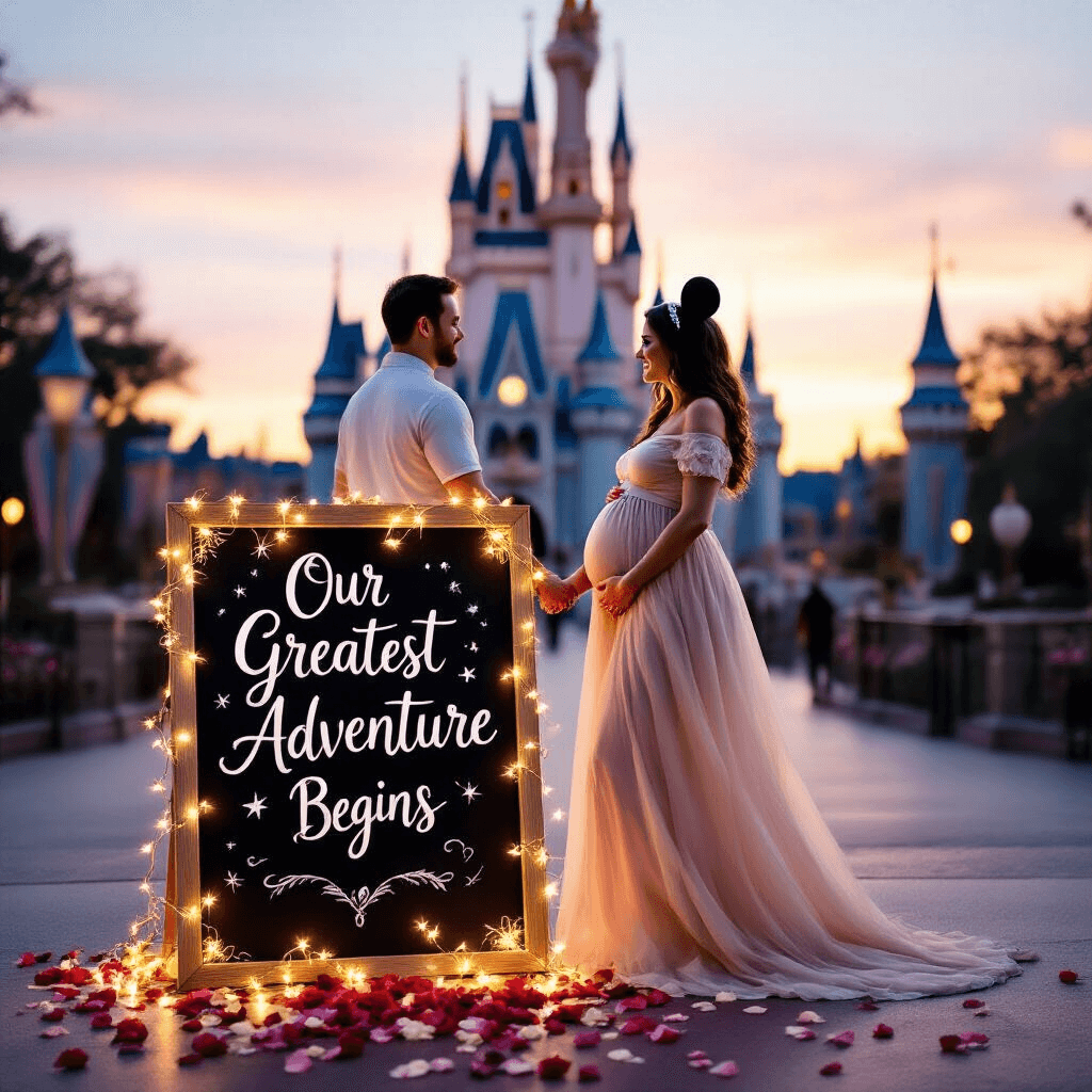 Magical Disney Pregnancy Announcement: A Complete Creative Guide A glowing couple holds hands in front of Cinderella's Castle at Disney World during golden hour, with a chalkboard sign reading 'Our Greatest Adventure Begins' surrounded by fairy lights and rose petals. The woman wears a maternity dress with subtle Mickey ears, and the man has a 'Dad-to-Be' shirt, all set against a dreamy pastel sky.