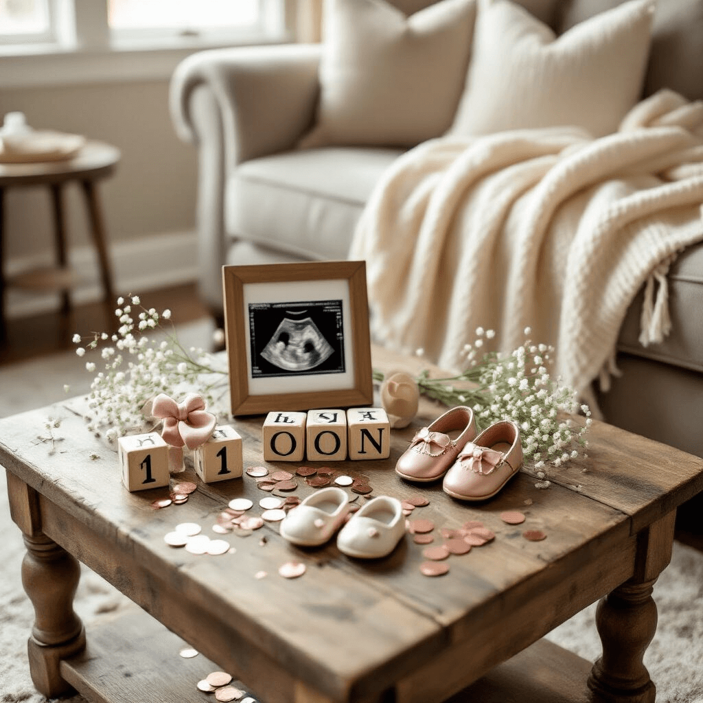 Magical Disney Pregnancy Announcement: A Complete Creative Guide An intimate at-home reveal scene featuring a rustic wooden coffee table with a flat lay that includes tiny baby Mickey ears, a framed ultrasound photo, 'Coming Soon' blocks, and Disney-themed miniature shoes, surrounded by rose gold confetti and baby's breath flowers, all bathed in soft morning light with a plush cream throw blanket in the background.