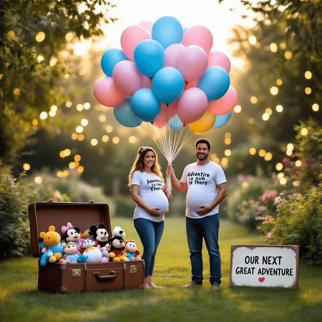 Magical Disney Pregnancy Announcement: A Complete Creative Guide A couple in a lush garden holds a large bunch of blue and pink balloons, wearing 'Adventure is Out There' shirts. The woman's belly is highlighted, while a vintage suitcase with plush Disney characters sits in the foreground alongside a sign that says 'Our Next Great Adventure'. Soft bokeh fairy lights twinkle in the warm golden hour light.