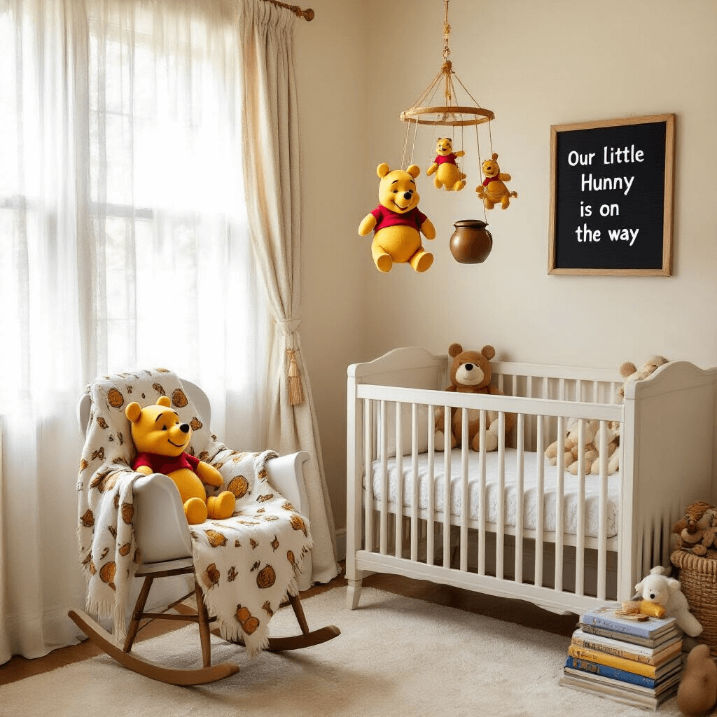Magical Disney Pregnancy Announcement: A Complete Creative Guide A cozy nursery with a subtle Winnie the Pooh theme, featuring soft lighting, a vintage rocking chair with a hunny pot-patterned blanket, a white crib, a mobile of Pooh and friends, and a letterboard reading 'Our little hunny is on the way,' surrounded by stuffed Disney characters and classic storybooks.