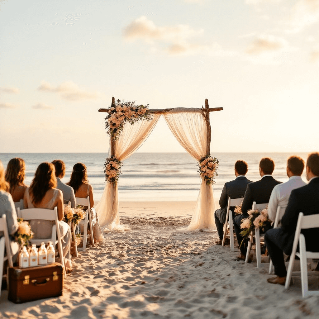 Cute Pregnancy Announcement: Creative Ways to Share Your Joyful News A sun-drenched beachfront wedding ceremony at golden hour, featuring a driftwood arch, white wooden chairs with floral arrangements, and a vintage suitcase filled with message bottles, set against the gentle waves and golden sand.