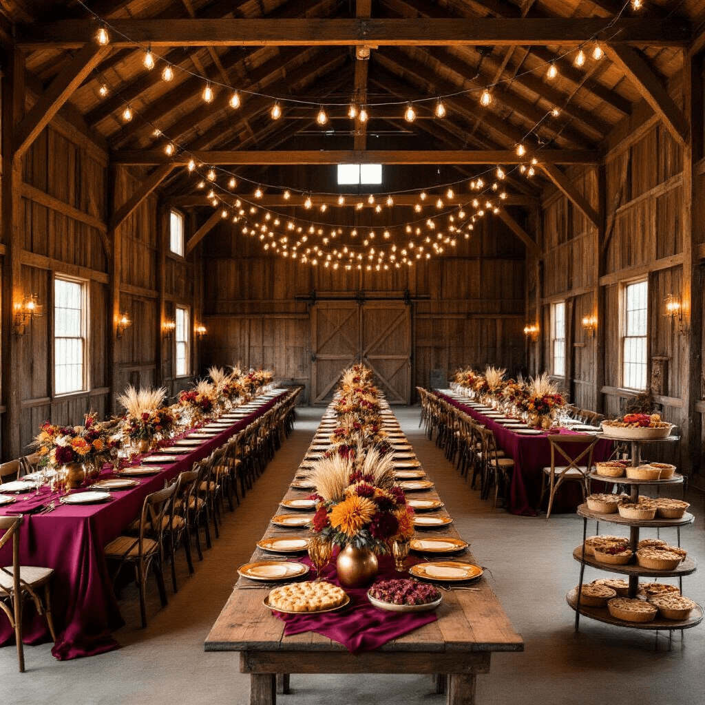 Cute Pregnancy Announcement: Creative Ways to Share Your Joyful News Overhead view of a rustic barn interior set for an autumn wedding, featuring long farmhouse tables with burgundy linens, gold charger plates, and centerpieces of red dahlias, orange maple leaves, and wheat stalks in copper vases, illuminated by warm Edison bulbs, with a dessert cart of pies nearby.