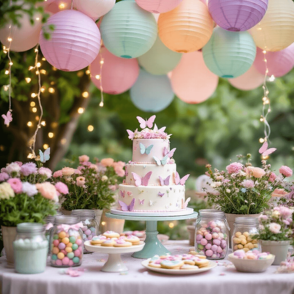 Cute Pregnancy Announcement: Creative Ways to Share Your Joyful News A whimsical garden birthday party with a dessert table under pastel balloons and paper lanterns, featuring a tiered cake topped with fondant butterflies and flowers, surrounded by mason jars of colorful candies and fairy tale character cookies, illuminated by twinkling fairy lights among potted plants and floral arrangements in soft pinks, lavenders, and mint greens.