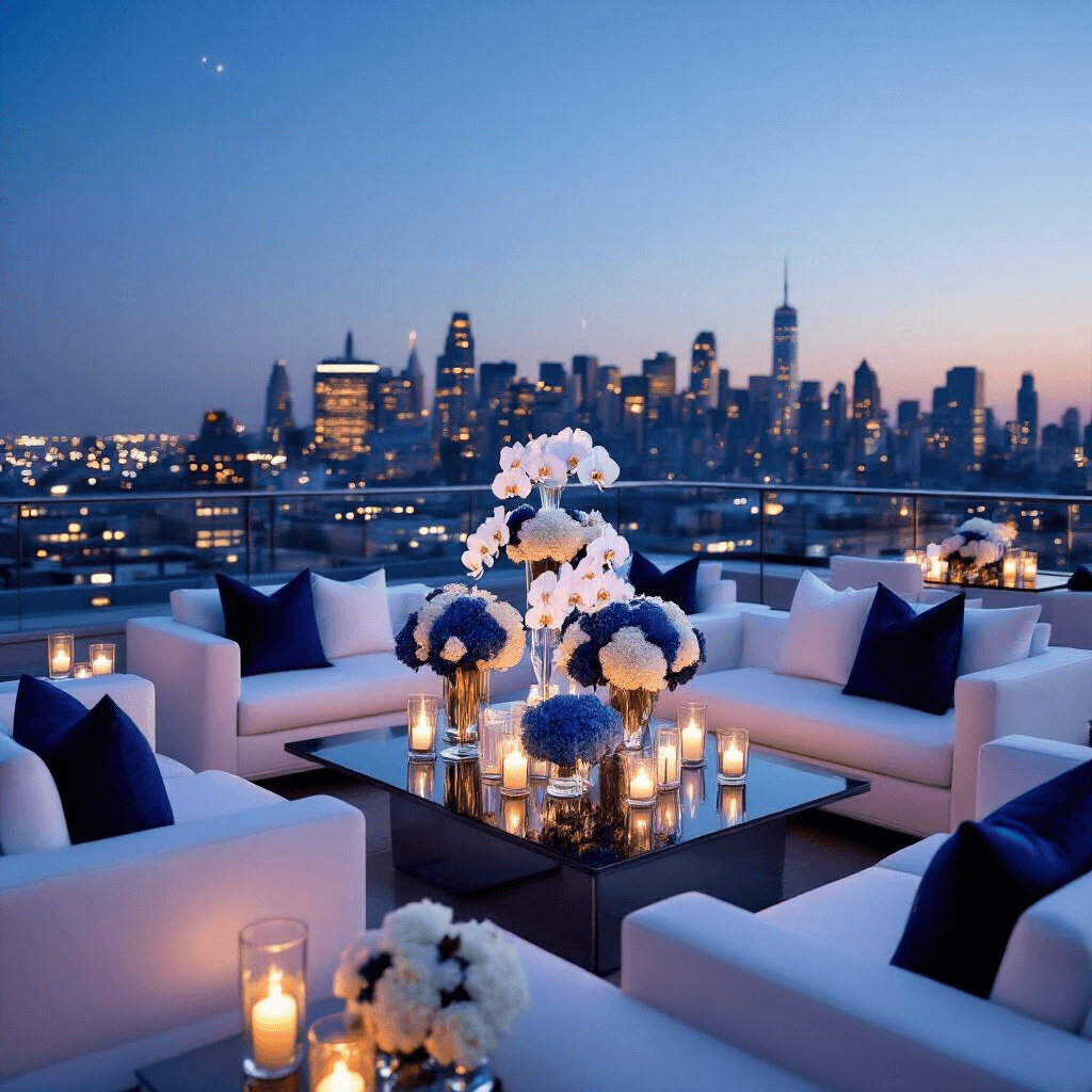 Cute Pregnancy Announcement: Creative Ways to Share Your Joyful News An elegant rooftop cocktail party at twilight, featuring a city skyline backdrop, low white lounge furniture with navy and silver pillows, high-top tables adorned with white orchids and blue hydrangeas in tall vases, and a champagne tower illuminated by candles, all in a midnight blue, silver, and white color scheme.