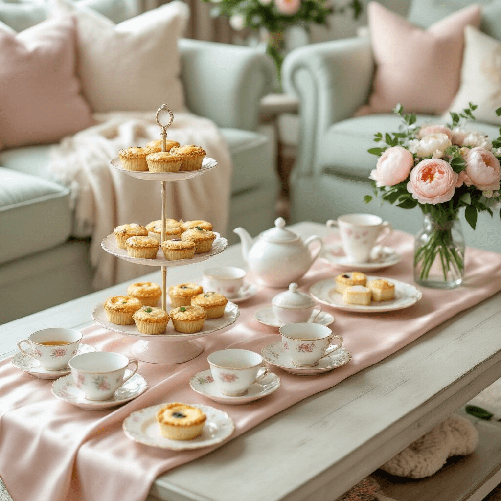 Cute Pregnancy Announcement: Creative Ways to Share Your Joyful News Flat lay of a cozy living room baby shower brunch featuring a blush pink silk runner on a coffee table, delicate teacups and saucers, a tiered stand with quiches, finger sandwiches, and pastel cupcakes, plush cushions, soft throws, and fresh peonies in crystal vases, all in a soothing color palette of blush, cream, and sage green.